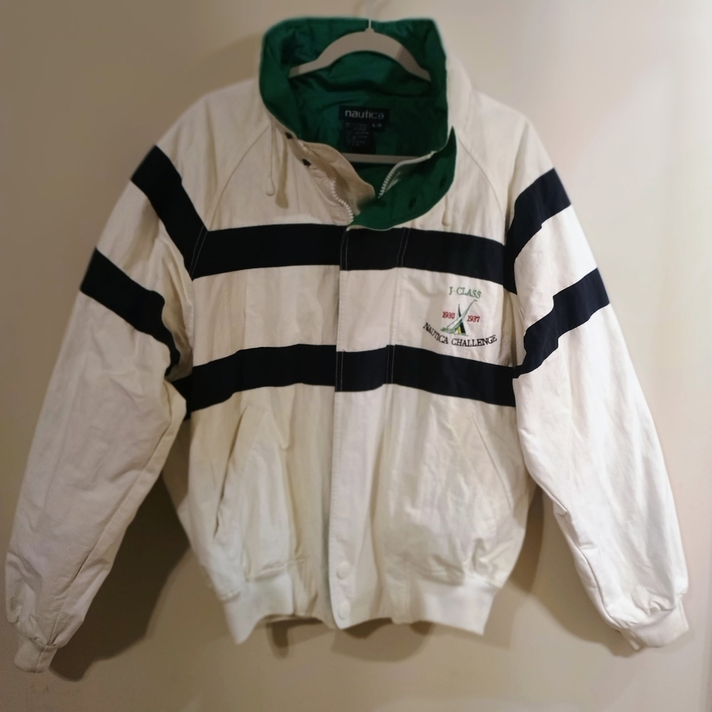 90s Vintage Y2K Nautica White Jacket with Black Stripes and Green Collar Lining